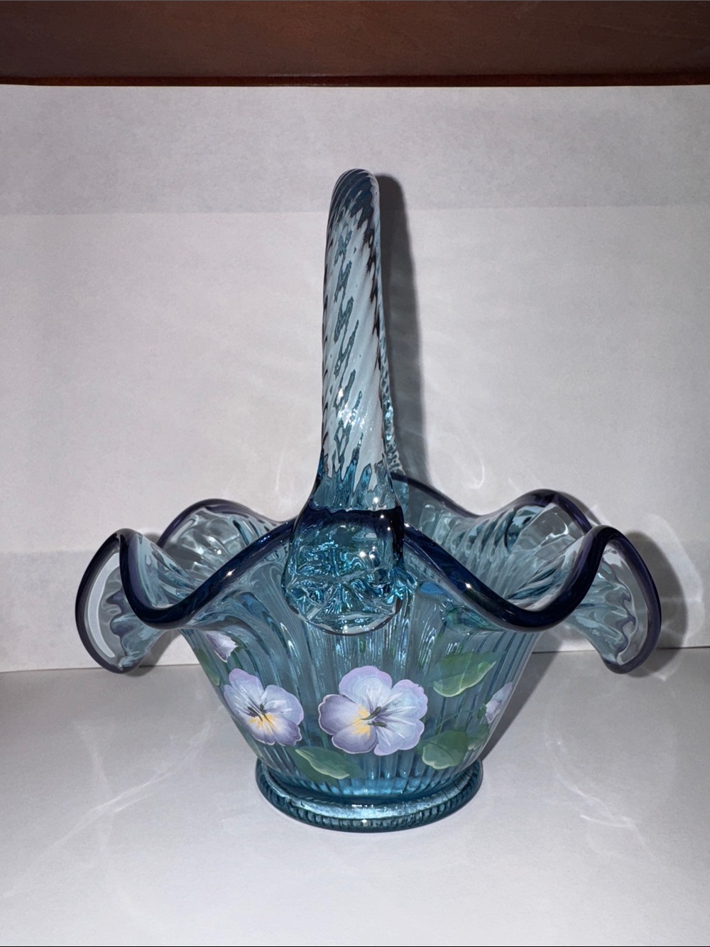 Vintage Fenton Art Glass basket in iridescent blue hand-painted  by A. Farley